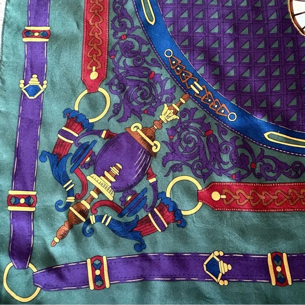 Vintage Elaine Gold Green Blue Royal Silk Scarf
